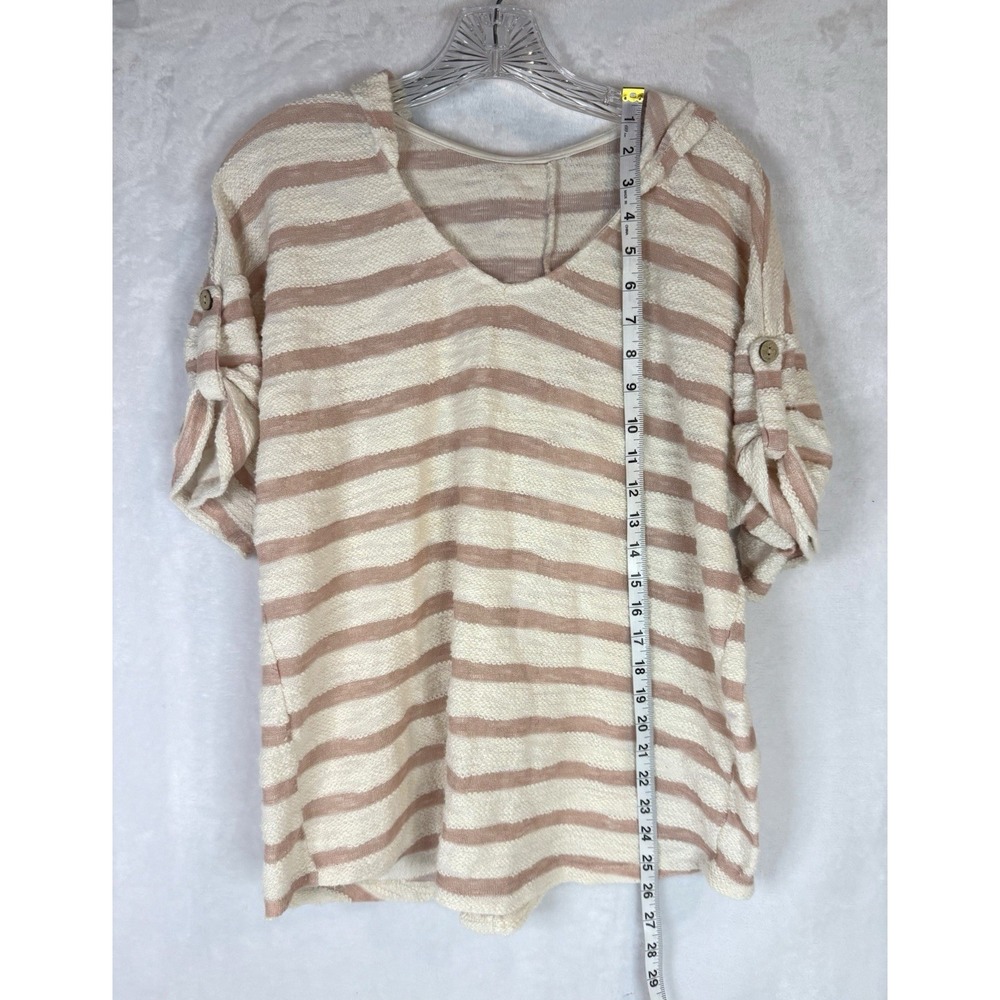 Striped Hooded Knit Top M Cream Blush Button Back Cozycore Relaxed Beach - Picture 2 of 7